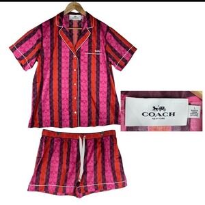 Coach Signature Striped Pajama Set Women Size Large Pink Red Luxury Designer NEW